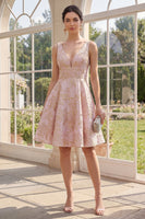 Load image into Gallery viewer, V-Neck A Line Blush Floral Jacquard Short Wedding Guest Dress