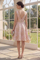 Load image into Gallery viewer, V-Neck A Line Blush Floral Jacquard Short Wedding Guest Dress