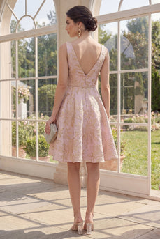 V-Neck A Line Blush Floral Jacquard Short Wedding Guest Dress