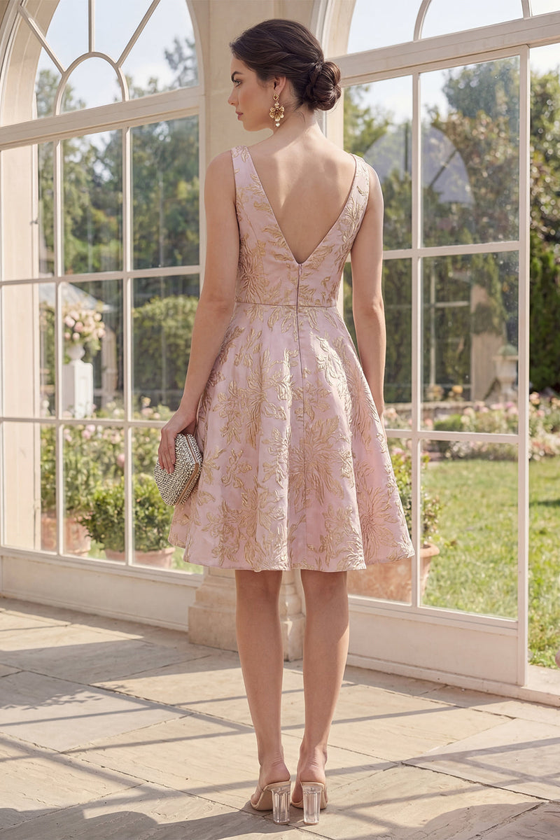 Load image into Gallery viewer, V-Neck A Line Blush Floral Jacquard Short Wedding Guest Dress