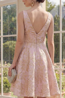 Load image into Gallery viewer, V-Neck A Line Blush Floral Jacquard Short Wedding Guest Dress