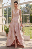 Load image into Gallery viewer, V-Neck Ruched High Low A Line Blush Floral Jacquard Wedding Guest Dress