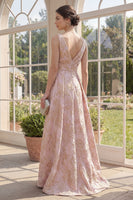 Load image into Gallery viewer, V-Neck Ruched High Low A Line Blush Floral Jacquard Wedding Guest Dress