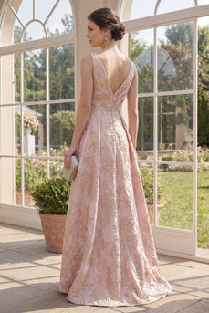 V-Neck Ruched High Low A Line Blush Floral Jacquard Wedding Guest Dress