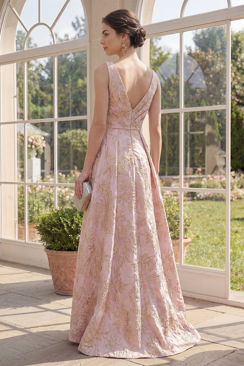 Load image into Gallery viewer, V-Neck Ruched High Low A Line Blush Floral Jacquard Wedding Guest Dress