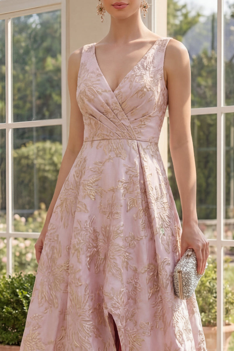 Load image into Gallery viewer, V-Neck Ruched High Low A Line Blush Floral Jacquard Wedding Guest Dress