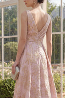 Load image into Gallery viewer, V-Neck Ruched High Low A Line Blush Floral Jacquard Wedding Guest Dress