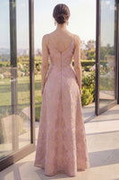 Load image into Gallery viewer, Jacquard V Neck Long A Line Blush Floral Wedding Guest Dress with Slit
