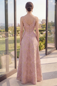 Jacquard V Neck Long A Line Blush Floral Wedding Guest Dress with Slit
