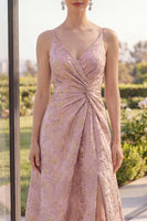 Load image into Gallery viewer, Jacquard V Neck Long A Line Blush Floral Wedding Guest Dress with Slit