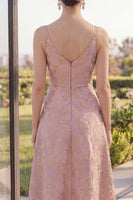 Load image into Gallery viewer, Jacquard V Neck Long A Line Blush Floral Wedding Guest Dress with Slit
