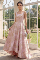 Load image into Gallery viewer, Floral Square Neck Long A Line Blush Jacquard Wedding Guest Dress