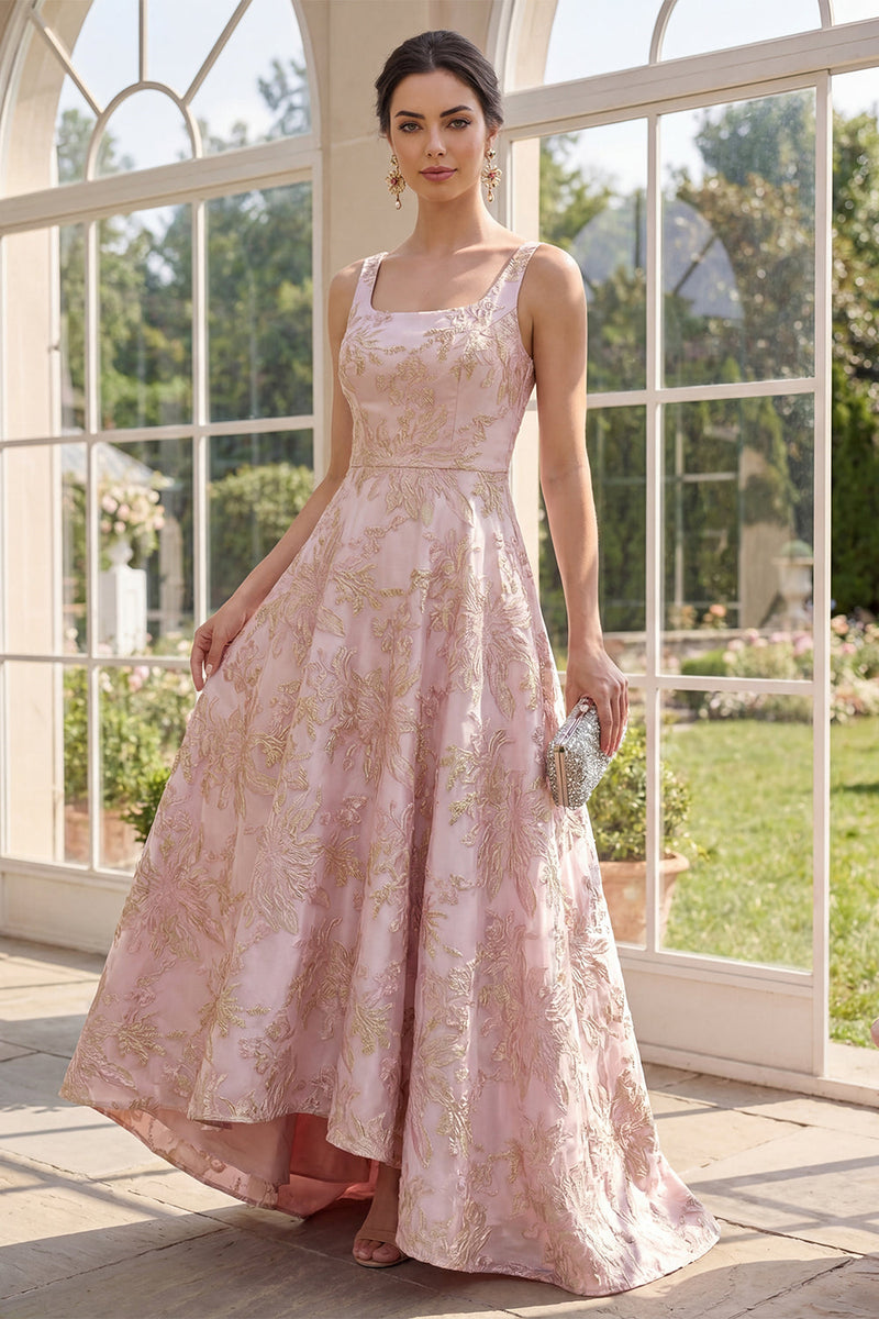 Load image into Gallery viewer, Floral Square Neck Long A Line Blush Jacquard Wedding Guest Dress