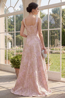 Load image into Gallery viewer, Floral Square Neck Long A Line Blush Jacquard Wedding Guest Dress