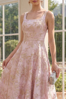 Load image into Gallery viewer, Floral Square Neck Long A Line Blush Jacquard Wedding Guest Dress