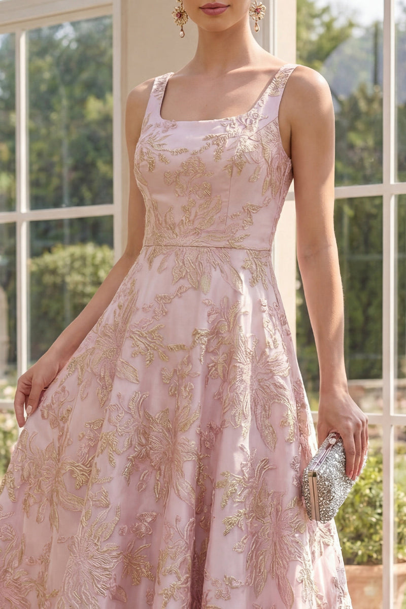 Load image into Gallery viewer, Floral Square Neck Long A Line Blush Jacquard Wedding Guest Dress