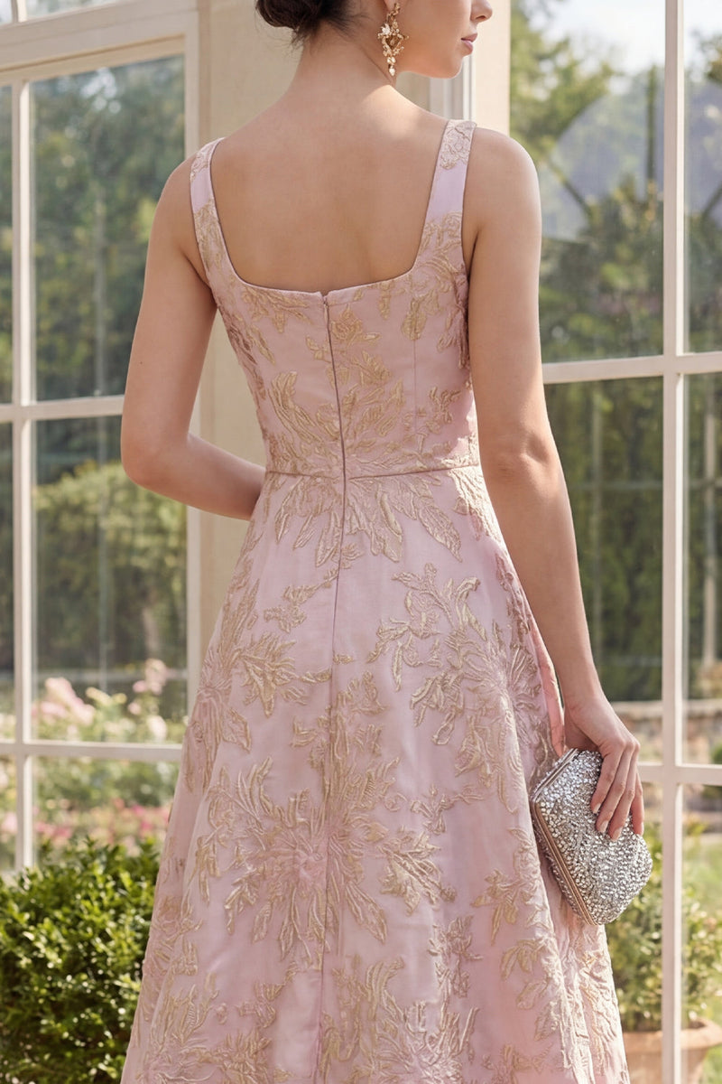 Load image into Gallery viewer, Floral Square Neck Long A Line Blush Jacquard Wedding Guest Dress