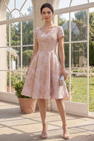 Load image into Gallery viewer, Short Sleeves V-Neck A Line Jacquard Blush Short Floral Wedding Guest Dress