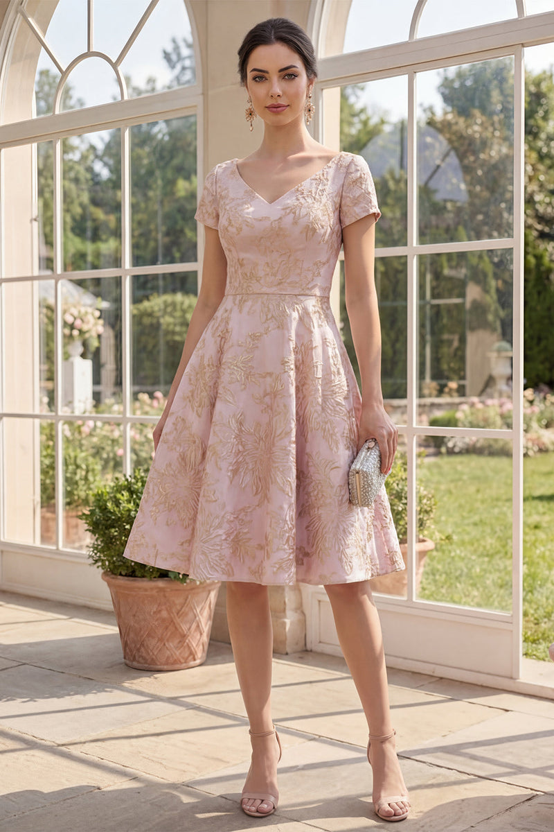 Load image into Gallery viewer, Short Sleeves V-Neck A Line Jacquard Blush Short Floral Wedding Guest Dress
