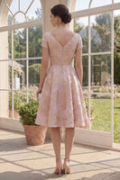 Load image into Gallery viewer, Short Sleeves V-Neck A Line Jacquard Blush Short Floral Wedding Guest Dress