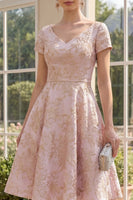 Load image into Gallery viewer, Short Sleeves V-Neck A Line Jacquard Blush Short Floral Wedding Guest Dress