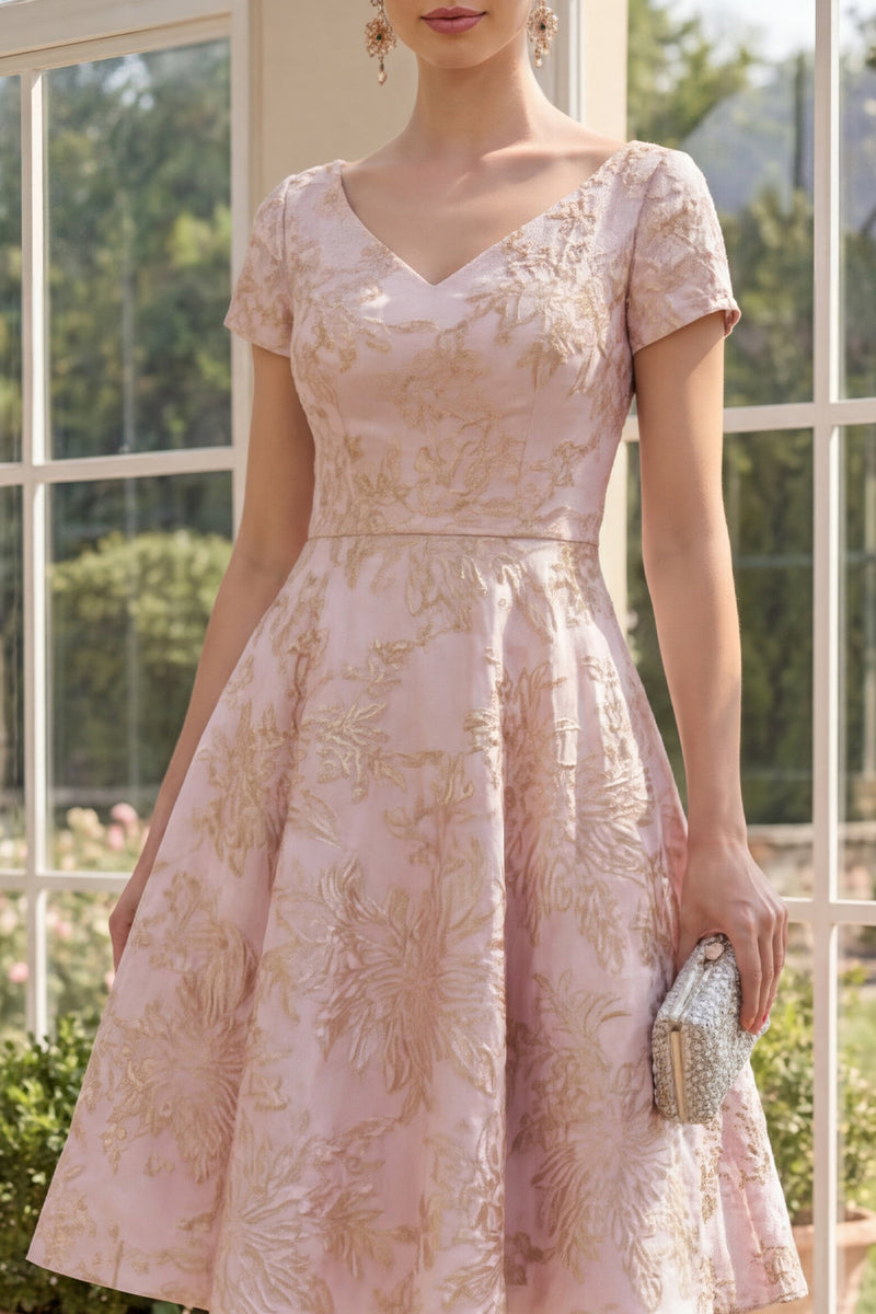 Load image into Gallery viewer, Short Sleeves V-Neck A Line Jacquard Blush Short Floral Wedding Guest Dress