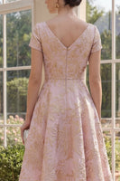 Load image into Gallery viewer, Short Sleeves V-Neck A Line Jacquard Blush Short Floral Wedding Guest Dress
