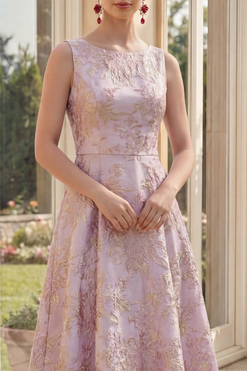 Load image into Gallery viewer, Boat Neck Jacquard Dusty Lilac Maxi A Line Floral Wedding Guest Dress