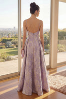 Load image into Gallery viewer, Spaghetti Straps Dusty Lilac Long Jacquard A Line Floral Wedding Guest Dress