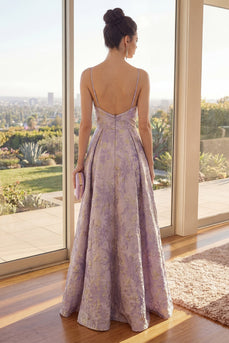 Spaghetti Straps Dusty Lilac Long Jacquard A Line Floral Wedding Guest Dress