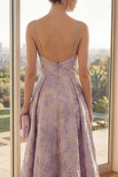 Load image into Gallery viewer, Spaghetti Straps Dusty Lilac Long Jacquard A Line Floral Wedding Guest Dress
