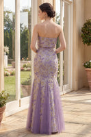 Load image into Gallery viewer, Mermaid Dusty Lilac Strapless Jacquard Long Floral Wedding Guest Dress