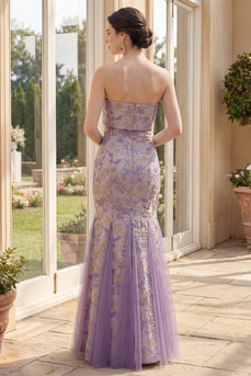 Mermaid Dusty Lilac Strapless Jacquard Long Floral Wedding Guest Dress