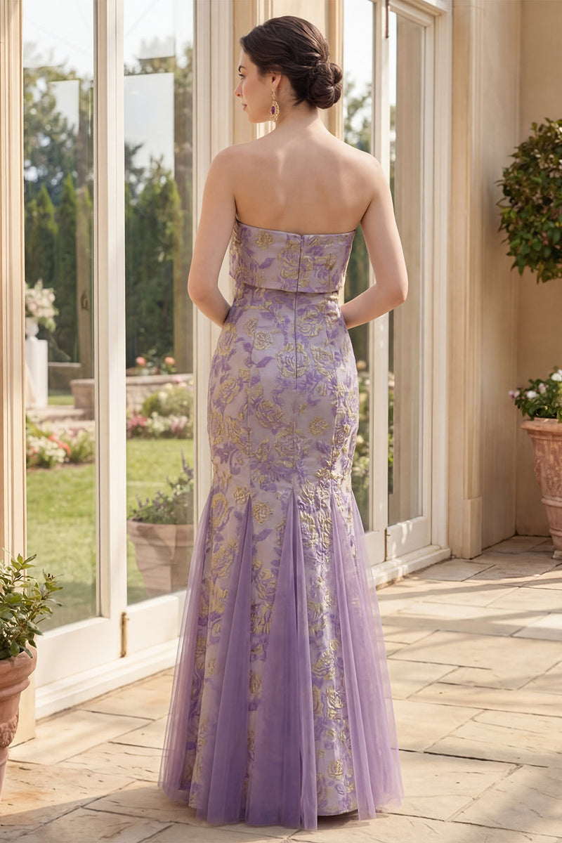 Load image into Gallery viewer, Mermaid Dusty Lilac Strapless Jacquard Long Floral Wedding Guest Dress