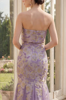 Load image into Gallery viewer, Mermaid Dusty Lilac Strapless Jacquard Long Floral Wedding Guest Dress