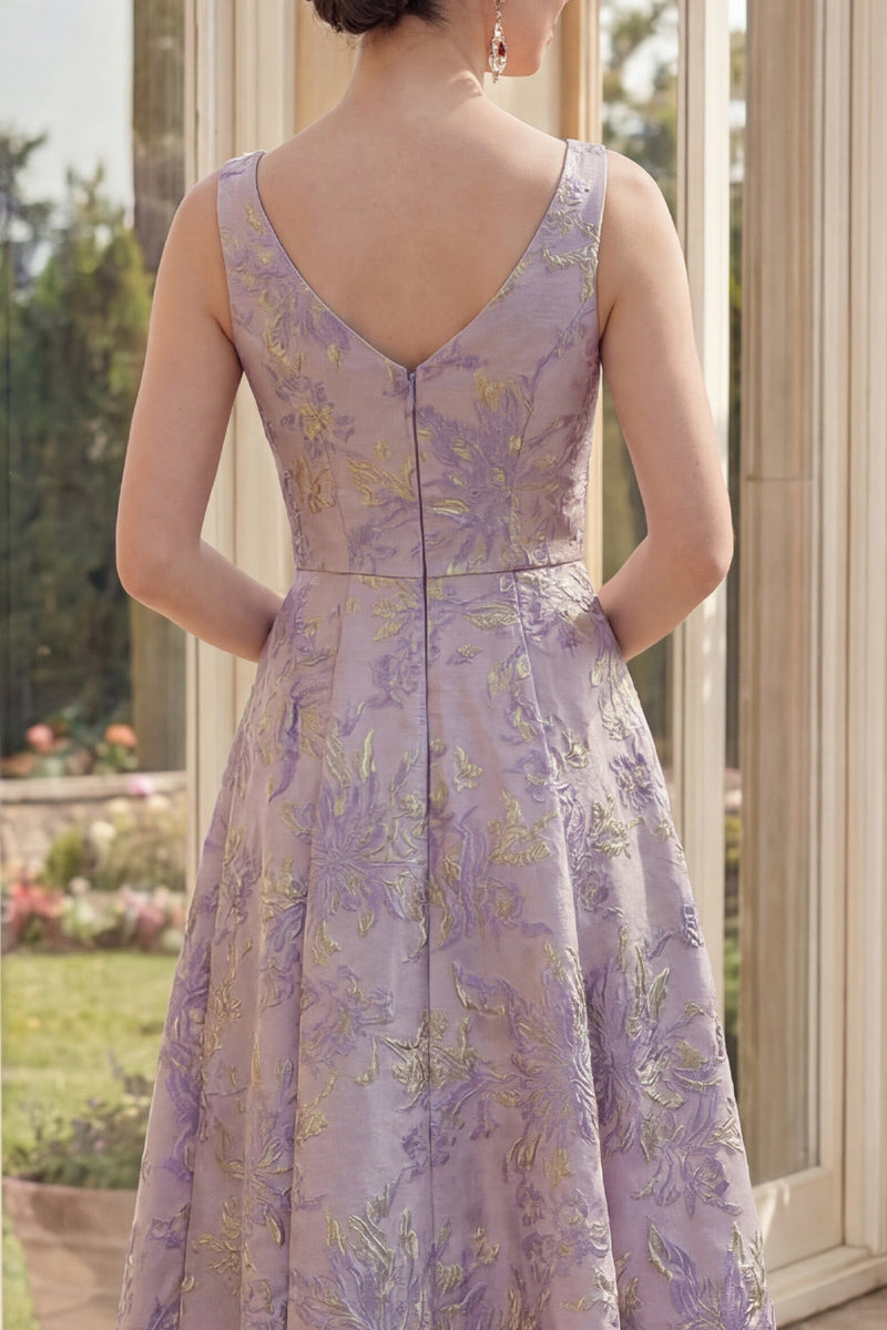 Load image into Gallery viewer, Jacquard A Line Boat Neck Dusty Lilac Maxi Floral Wedding Guest Dress