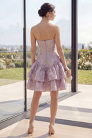 Load image into Gallery viewer, Basque Waist A Line Dusty Lilac Corset Jacquard Short Wedding Guest Dress with Ruffles