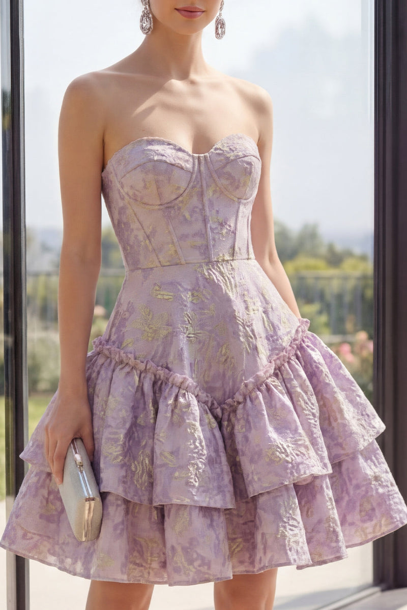 Load image into Gallery viewer, Basque Waist A Line Dusty Lilac Corset Jacquard Short Wedding Guest Dress with Ruffles
