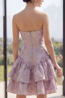Load image into Gallery viewer, Basque Waist A Line Dusty Lilac Corset Jacquard Short Wedding Guest Dress with Ruffles