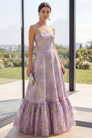 Load image into Gallery viewer, Floral Strapless Jacquard Dusty Lilac Long A Line Wedding Guest Dress