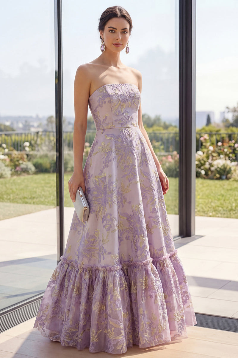 Load image into Gallery viewer, Floral Strapless Jacquard Dusty Lilac Long A Line Wedding Guest Dress