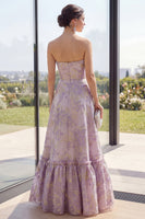 Load image into Gallery viewer, Floral Strapless Jacquard Dusty Lilac Long A Line Wedding Guest Dress