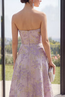 Load image into Gallery viewer, Floral Strapless Jacquard Dusty Lilac Long A Line Wedding Guest Dress