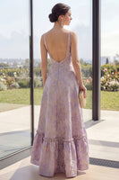 Load image into Gallery viewer, Long V-Neck Backless Jacquard Dusty Lilac A Line Floral Wedding Guest Dress