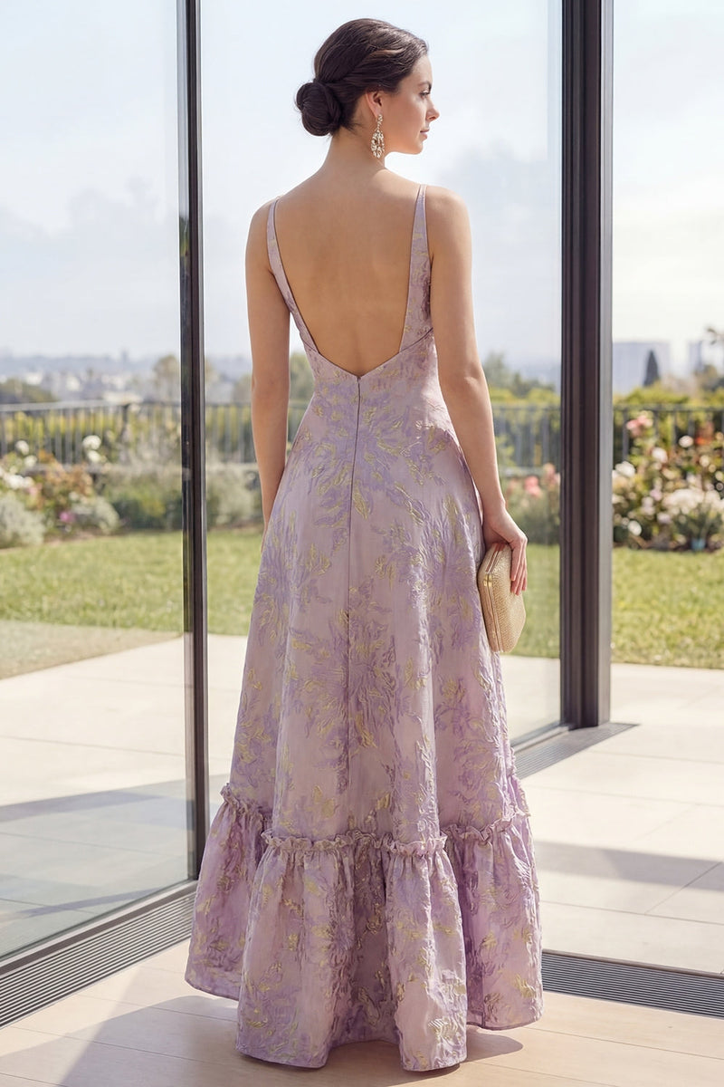 Load image into Gallery viewer, Long V-Neck Backless Jacquard Dusty Lilac A Line Floral Wedding Guest Dress