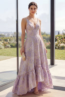 Load image into Gallery viewer, Long V-Neck Backless Jacquard Dusty Lilac A Line Floral Wedding Guest Dress