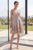 Load image into Gallery viewer, Short V-Neck A Line Jacquard Dusty Lilac Wedding Guest Dress with Ruffles