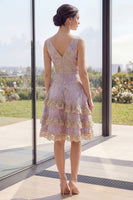 Load image into Gallery viewer, Short V-Neck A Line Jacquard Dusty Lilac Wedding Guest Dress with Ruffles