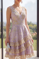 Load image into Gallery viewer, Short V-Neck A Line Jacquard Dusty Lilac Wedding Guest Dress with Ruffles