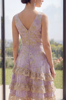 Load image into Gallery viewer, Short V-Neck A Line Jacquard Dusty Lilac Wedding Guest Dress with Ruffles